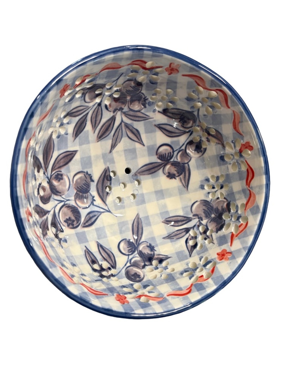 PRIMA DESIGN NWT ceramic berry bowl colander -gingham/blueberries - Picture 3 of 4